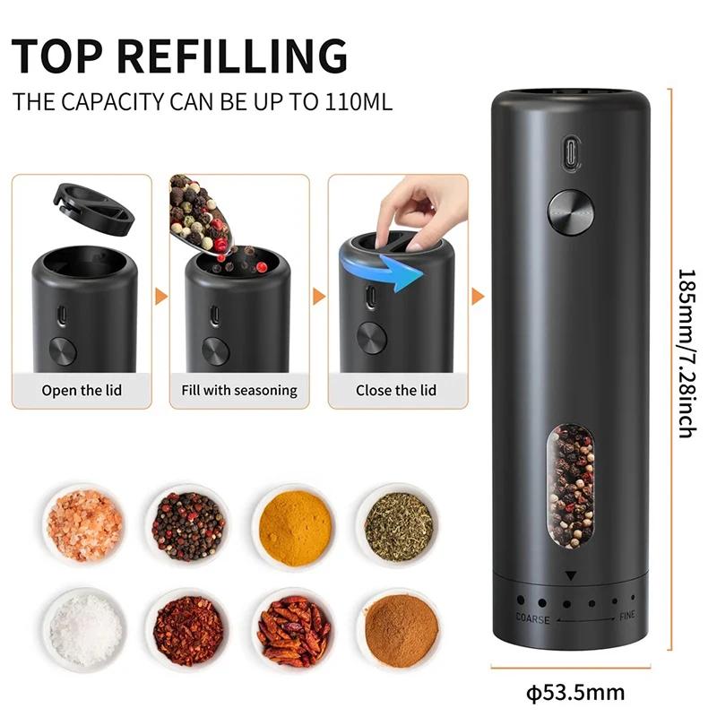External Adjustable Pepper Grinder Portable Fashion Design Salt and Pepper Mill Rechargeable Electric Spice Grinder Kitchen Tool