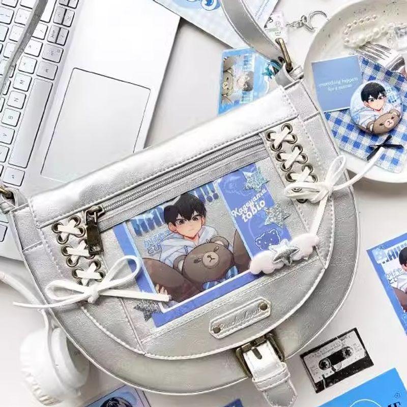 

Baachoo Оригинальная сумка кроссбоди под мышкой, двусторонняя, с болевым слоем, повседневная, объем для перекуса, джинсовая, в форме седла, мультяшный рюкзак, планка зернистая [New color] Metallic Silver