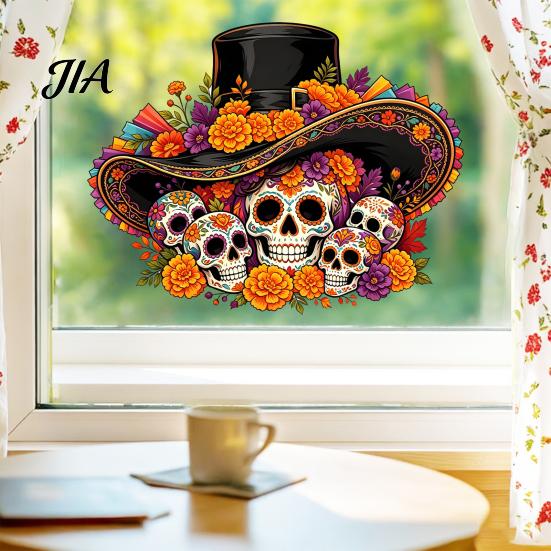 Traditional Mexican Theme Decor Day of The Dead Window Clings, Halloween Top Hat Skull Static Sticker, Waterproof PVC Film Colorful Flower Pattern