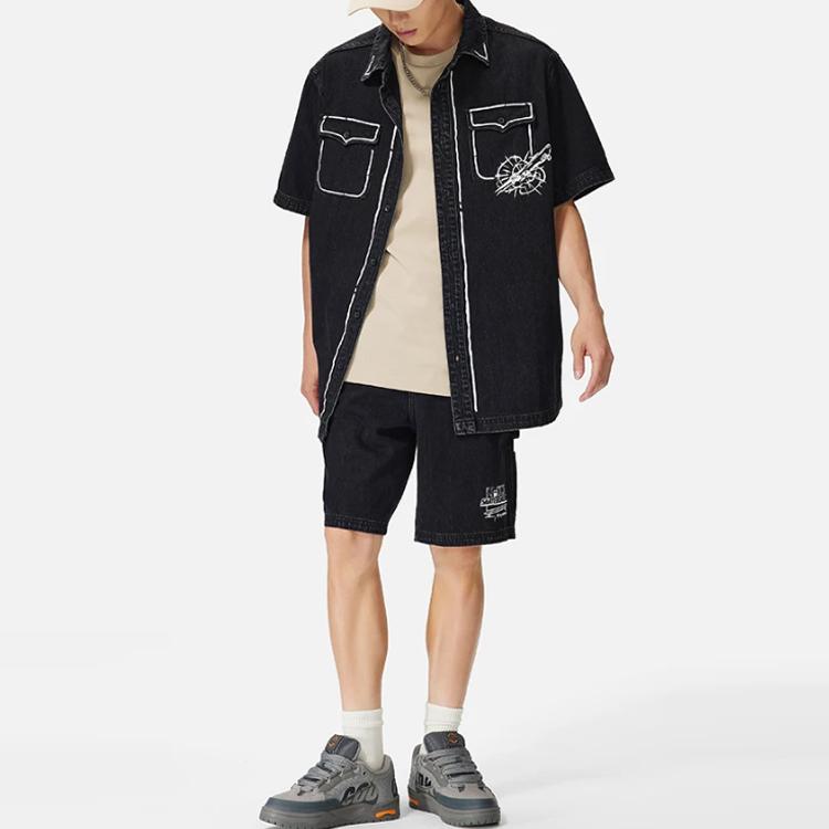 Li Ning X Marvel Collaboration Washed Denim Short Sleeve Shirt Men Shirts Black ASHS903-1