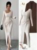 2026 Korean European Style Split Maxi Dress - Elegant Slim Fit Knit with Long Sleeves and Hip-Hugging Design