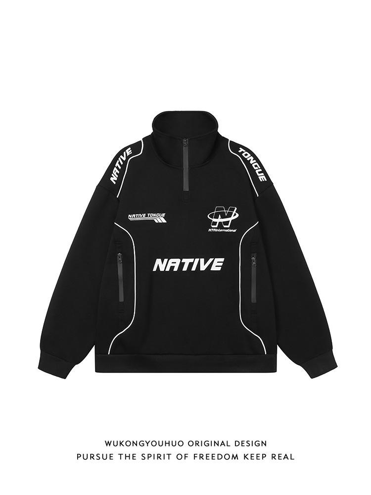 Unisex Retro Racing Half-Zip Sweatshirt - Spring/Autumn Fashion Motorcycle Jacket