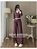 Autumn 2025 Women's Retro Plaid V-Neck Top with Wide-Leg Pants Suit