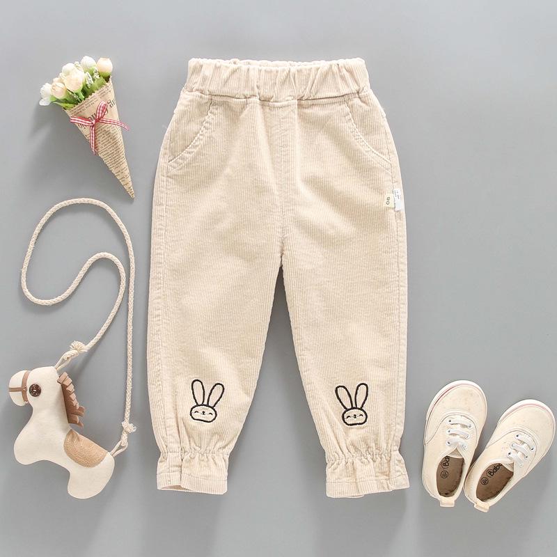 2024 Spring Korean Children's Corduroy Joggers - Big Ear Rabbit Design for Girls