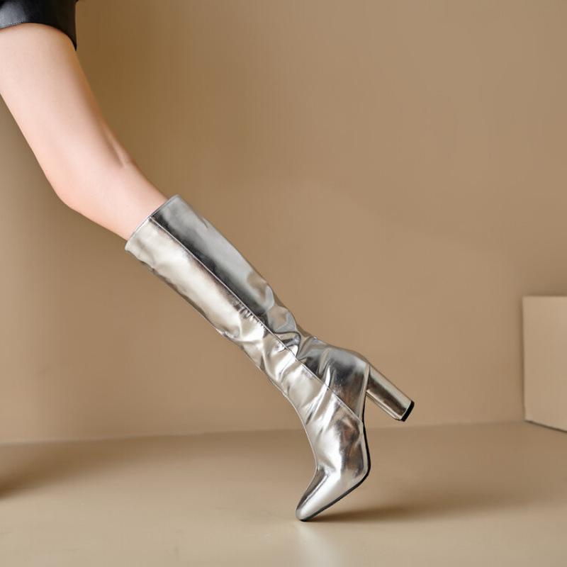 

Осенне-зимние ботильоны на молнии на высоком каблуке с острым носком, европейские красивые женские ботинки, новая толстая подошва, обувь больших размеров, однотонные кожаные ботинки 39 серебряный