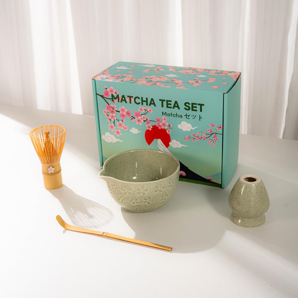 Japanese Matcha Tea Set With Cherry Blossom Pattern, Bamboo Whisk, Ceramic Matcha Bowl, Matcha Making Kit, Tea Utensils Set Gift