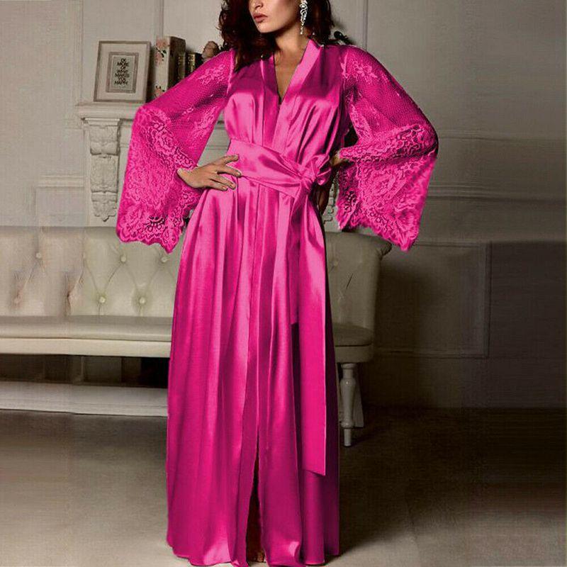 Elegante Camicia da Notte da Donna in Raso di Seta con Pizzo Lingerie Kimono Abbigliamento da Notte Lunga Vestaglia