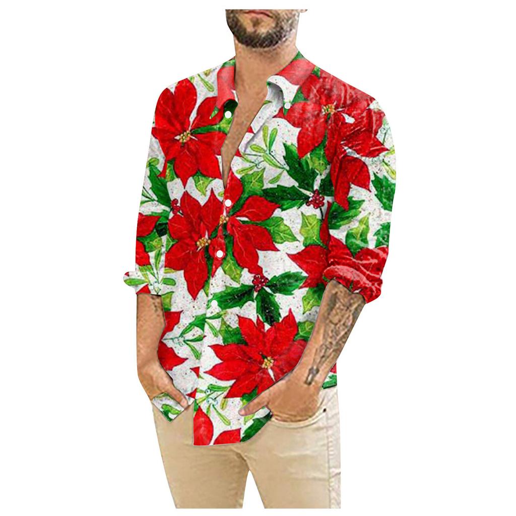 Męskie koszule świąteczne z długim rękawem i kwiatowym nadrukiem zapinane na guziki topy zabawna, śliczna, graficzna koszula