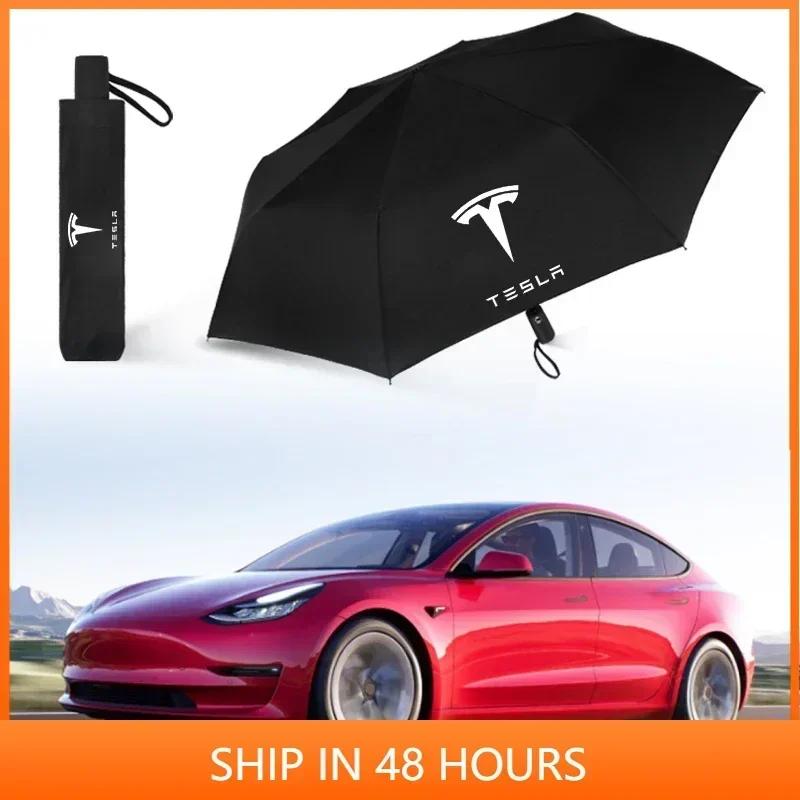 Car Sticker 2025 Hot Windproof Rain Fully Automatic Compact 3 Folding Umbrella Car Accessories For Tesla Model 3 2021 S X Y Styl