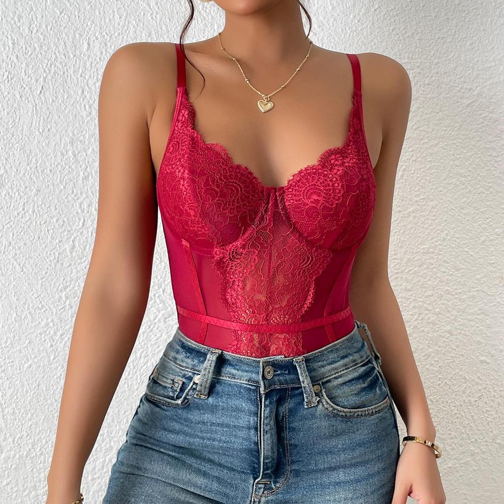 Autumn Lace Trim Deep V Backless Spaghetti Strap Bodysuit
