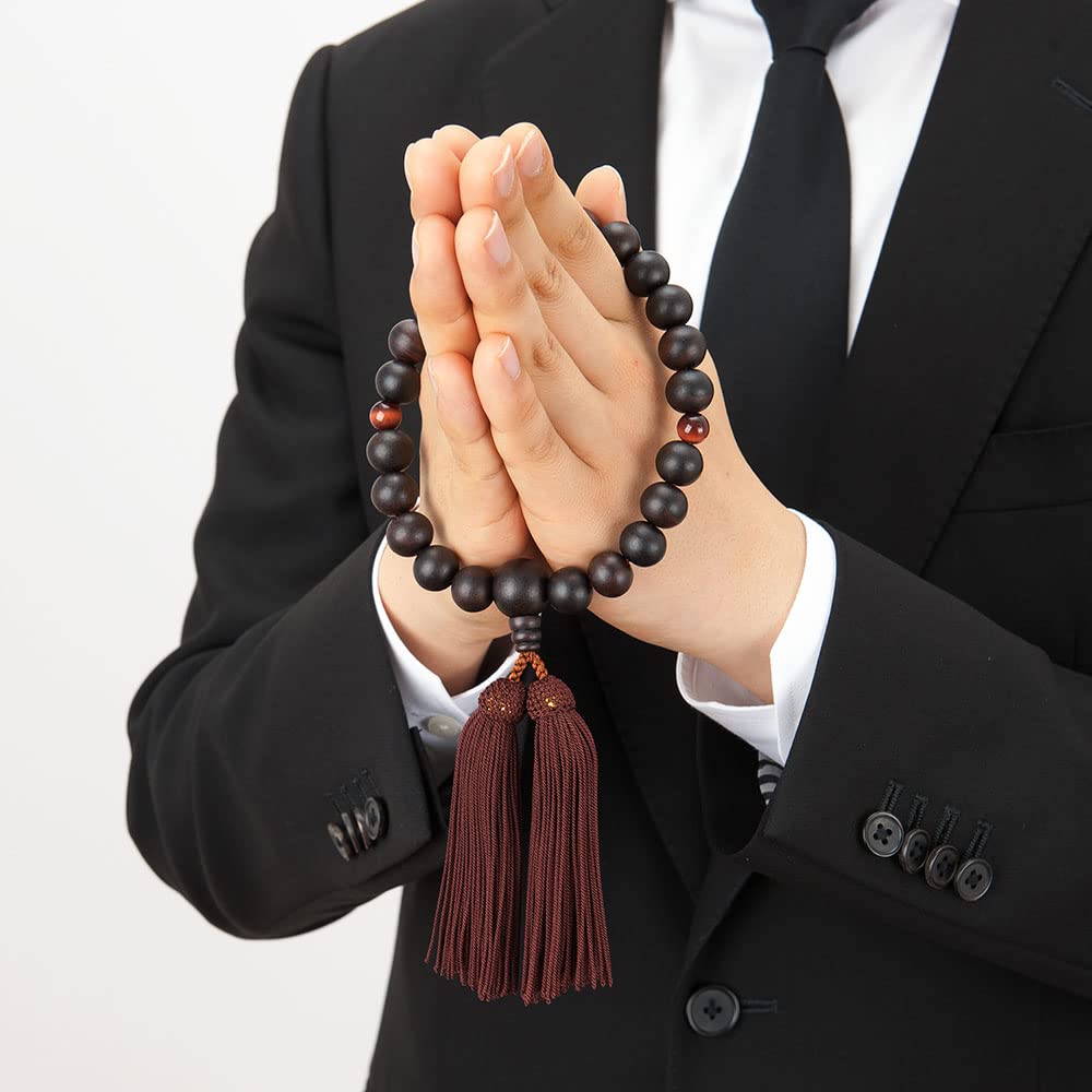 Takita Shoten Buddhist Altar Shop Kyoto Prayer Beads for Men, Striped Ebony (Matte Finish), 2 Red Tiger's Eye Beads, 22 Beads, Comes with Prayer Bead