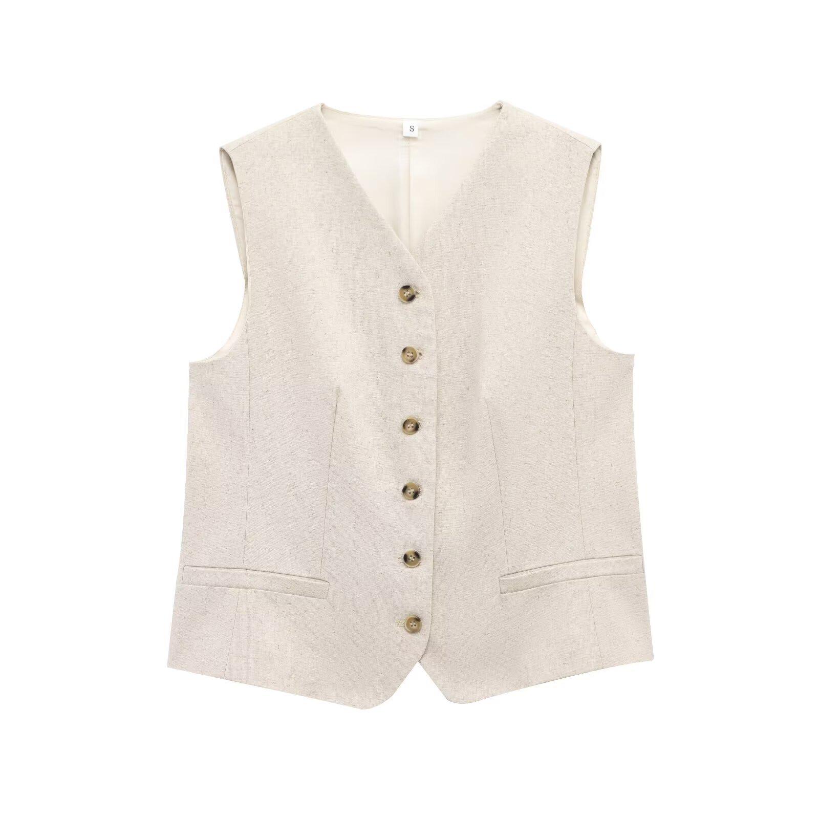 

Весна 2025 Женский модный жилет из смесовой ткани лен - Европейский и американский стиль S