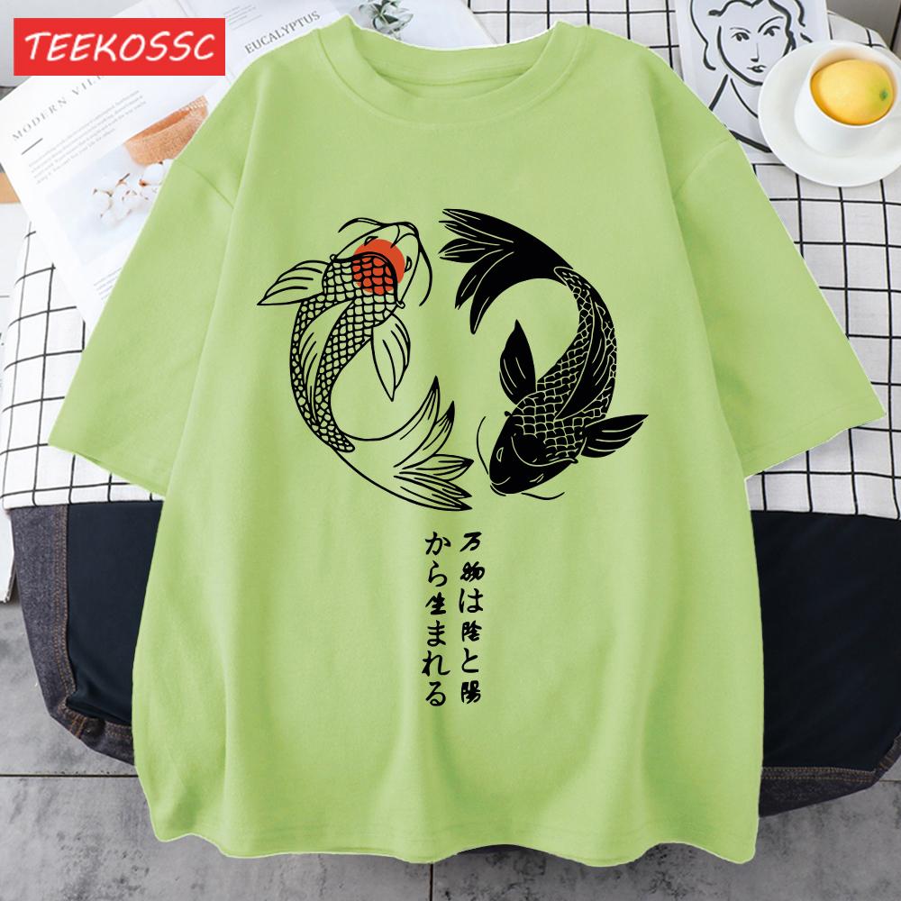 Two Koi Fish Swimming In Waterprint Men TShirts Cotton AllMatch T Shirt Comfortable Crewneck Tops Loose Unisex Summer Clothes