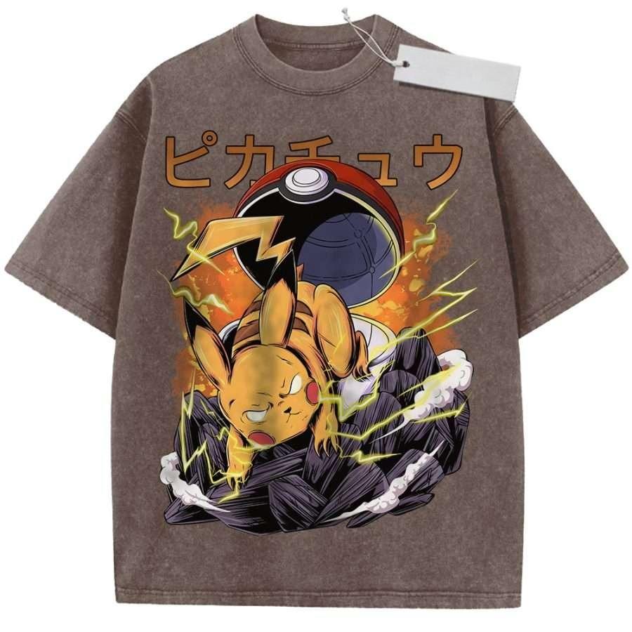 Unisex Black Washed Vintage T Shirt Pokemon Pikachu Thunder Ball Breakthrough High Quality Fabric for Casual Shopping