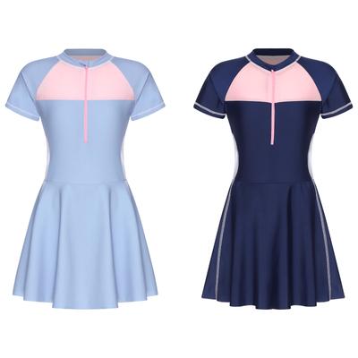 Rochie de baie pentru adolescente cu mânecă scurtă, color block, patchwork, cu fermoar în față, protecție UV