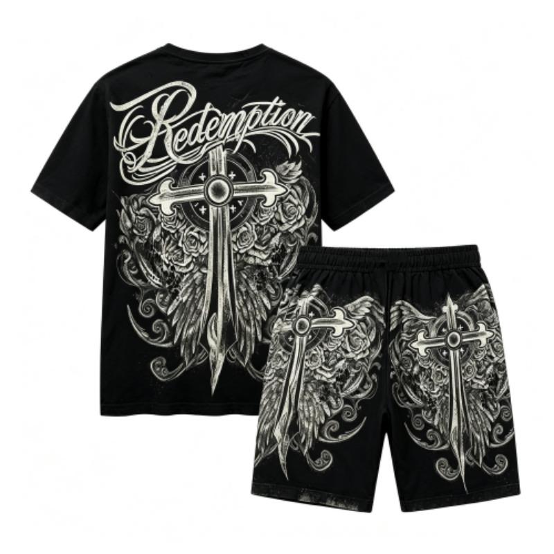 Sommer Gotischer Stil Kreuzschwert Aufdruck Rundhals Kurzarm T-Shirt und Shorts Set Herren und Damen T-Shirt Shorts Set