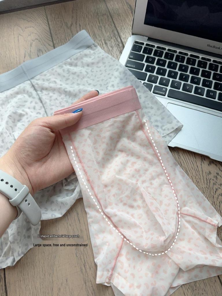 Cueca Boxer Masculina Transparente Estampa Leopardo Ultra-Fina Seda Gelada 10A com Aroma de Camélia Antibacteriano