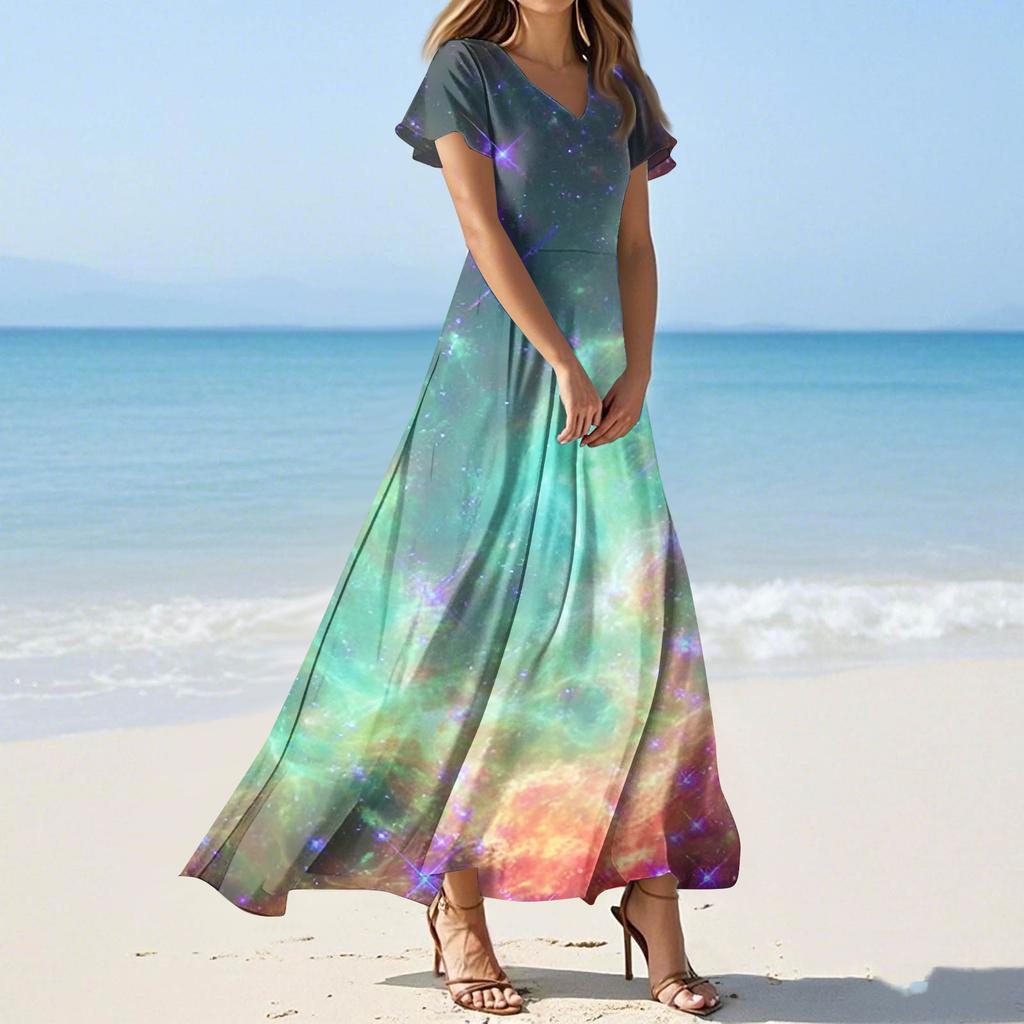 Women's Summer Casual Fashion -Print V-Neck Short-Sleeve Patchwork Dress