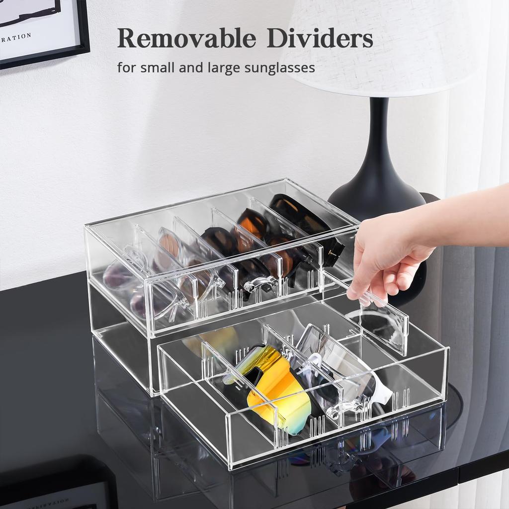 Lolalet Clear Sunglasses Organizer with Eyewear Display Case Storage Box with Removable Holds Multiple Pairs Drawer, Dividers,