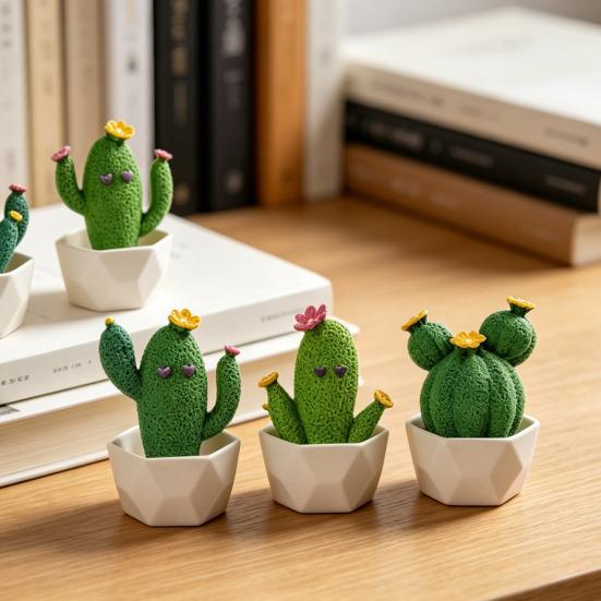 Mini Artificial Cactus Plants In Pots, Compact Faux Potted Cactus Ornaments, Resin Small Decorative Plant for Home Office Desk Tabletop Shelf Decor