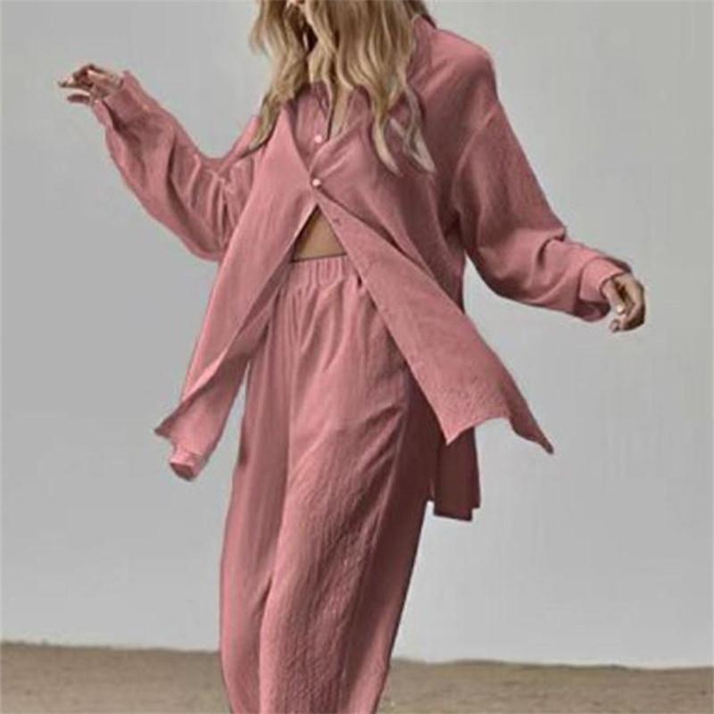 Jarní Elegantní Volný Módní Jednobarevný Outfit Dámské Košilové Obleky Dlouhý Rukáv Klopový Límec Košile A Elastické Kalhoty s Vysokým Pasem 2dílný Set