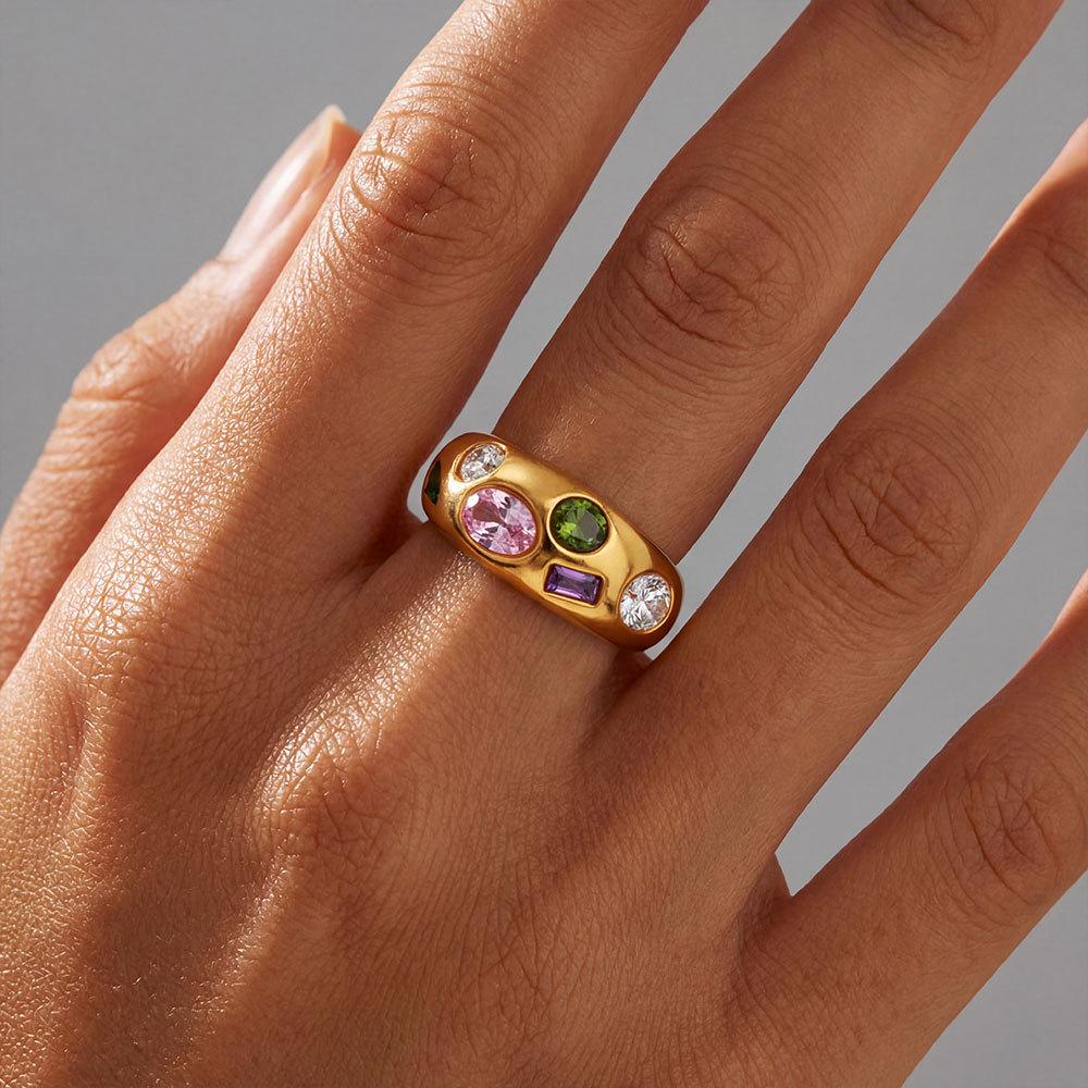 Inlaid Colored Cubic Zirconia Stainless Steel Ring for Women - Versatile High-End European and American Style Jewelry