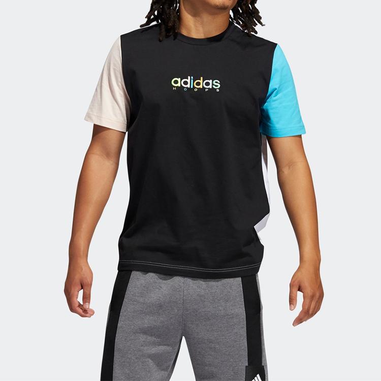 Adidas Color Block Print Logo Basketball Short Sleeve T-Shirt Men Tops Black GP4021