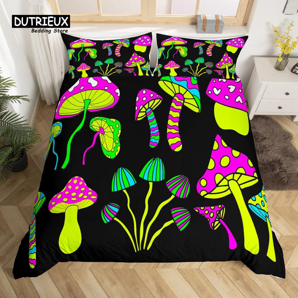 Cartoon Mushrooms Duvet Cover Kawaii Fungus Bedding Set Wild Mushroom Stuff Comforter Cover Twin King for Boys Girls Room Decor