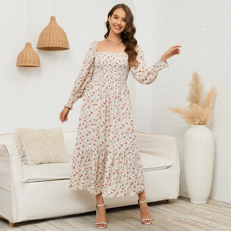 YYFS Women's Fashion Spring Fall Flower Pattern Print Long Sleeve Square Collar Loose Waistline Casual Dresses