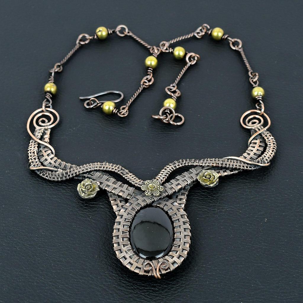 Black Onyx  Necklace Handmade Jewelry, 999 Copper Wire Wrapped Necklace Designer Gemstone Jewelry Adjustable Chain Necklace Gift For Mom
