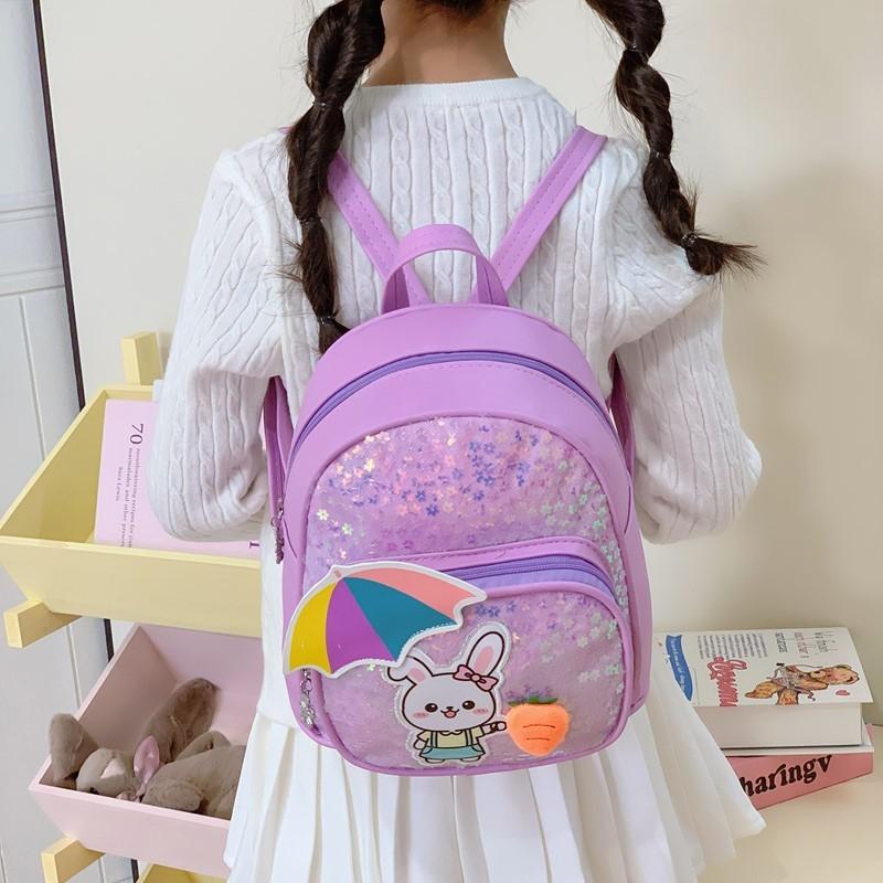 Girl Boy Cartoon Kids Backpack With Shiny Sequin Rabbit Decor For Educational Use
