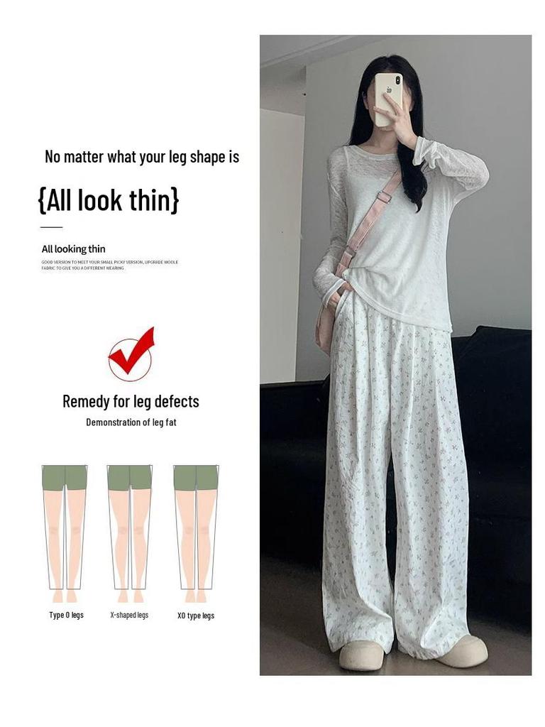 Women's White Floral High-Waist Wide-Leg Summer Pants - Loose Fit, Petite Size