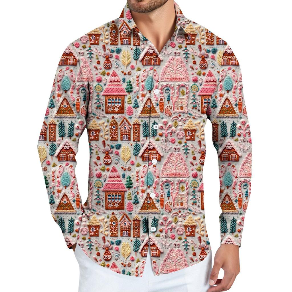 Men's Christmas Shirt Christmas Print Long Sleeve Button Shirt
