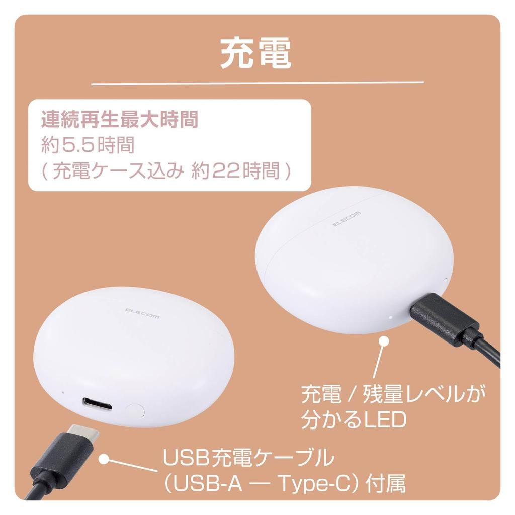 ELECOM Wireless Earphones, Bluetooth 5.3, Stylish Round Design, Touch Control, In-Ear Type, SBC/AAC Compatible, Automatic Pairing, Type-C Charging, Wh