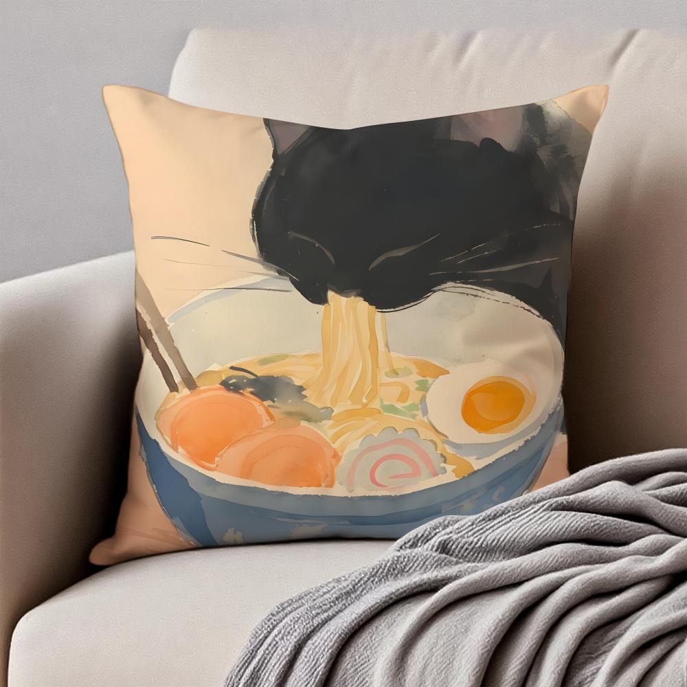 R-Ramen Animal Anime Painting Cushion Cover Pillowcase Anti-Dustmite Invisible Zipper Short Plush Sofa Cushion