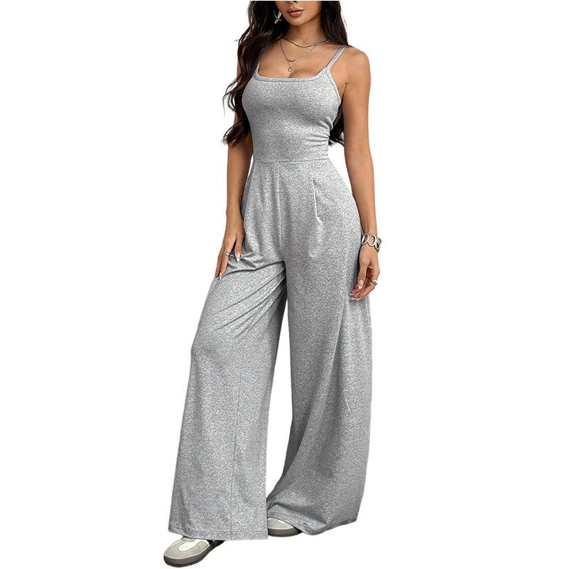 Women's Casual Halter Jumpsuit Spring and Summer Daily Solid Slim-Fit Backless Sleeveless Jumpsuit Lady's Floor-Length Trousers