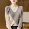 Women's V-Neck Hollow-Out Wool Sweater: Long-Sleeved, Loose-Fit Knit Base Layer