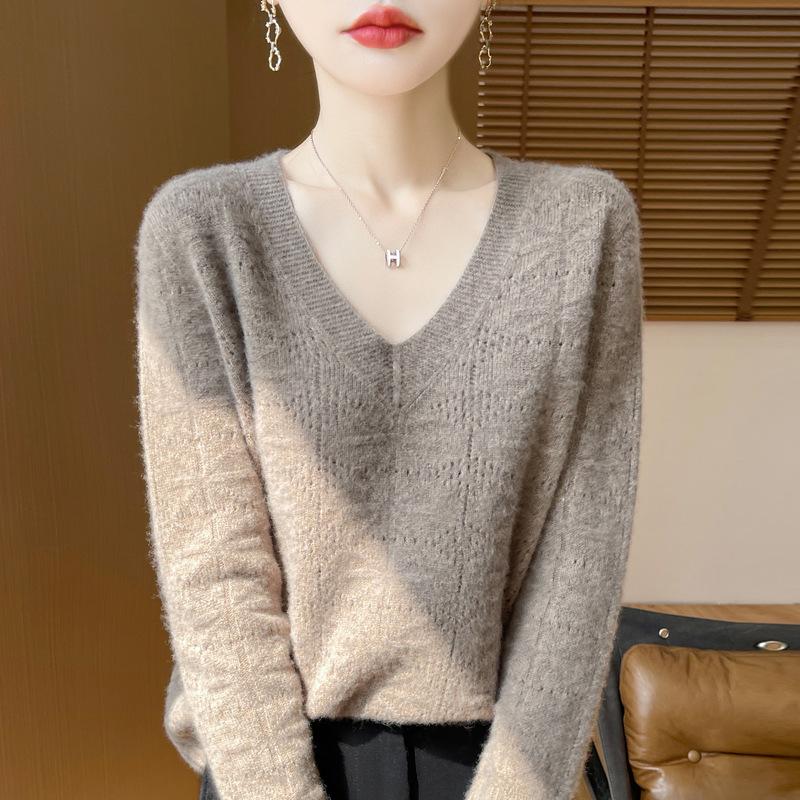 Women's V-Neck Hollow-Out Wool Sweater: Long-Sleeved, Loose-Fit Knit Base Layer