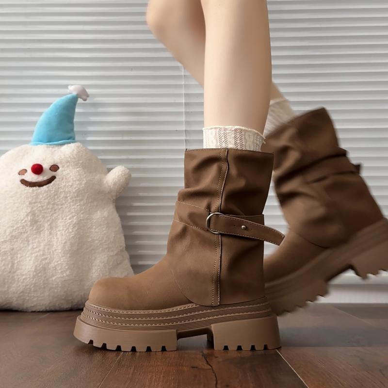 Fashion Thick Bottom Women Western Cowboy Boots Fashion Belt Buckle Autumn Winter Female Slip On Mid Calf Booties