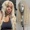Peluca Rubia Platino Onda Profunda Rizada 13x4 Encaje Frontal Sintético para Mujeres Sin Pegamento Fibra Resistente al Calor Cabello Uso Diario Cosplay