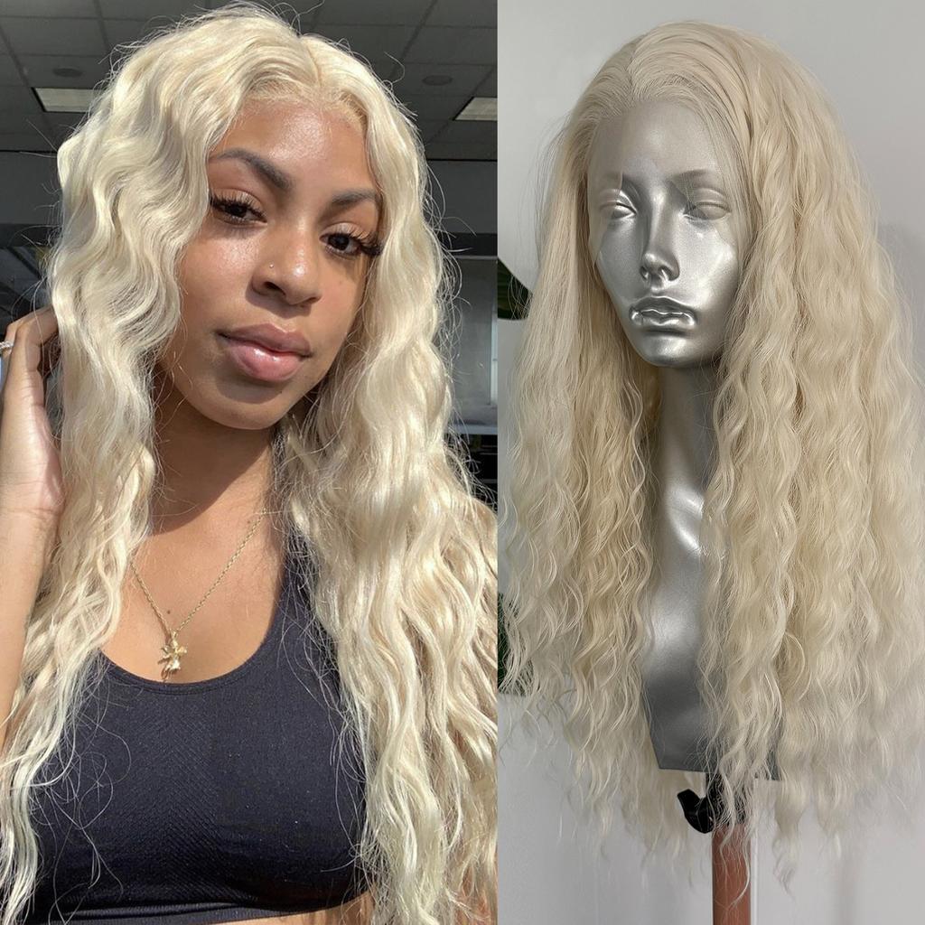 Peluca Rubia Platino Onda Profunda Rizada 13x4 Encaje Frontal Sintético para Mujeres Sin Pegamento Fibra Resistente al Calor Cabello Uso Diario Cosplay
