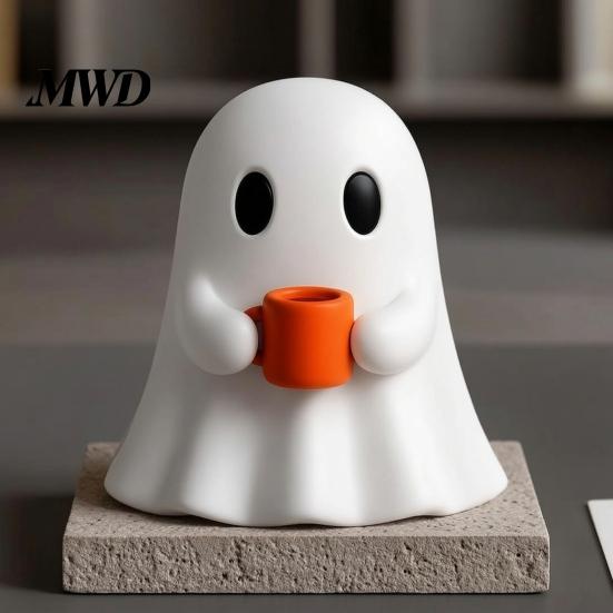 Modern Home Accents Ghost Drinking Coffee Figurine, 3D Printed Cute White Holding A Mug Figurine Statue, Spooky Halloween Decoration for Bars,