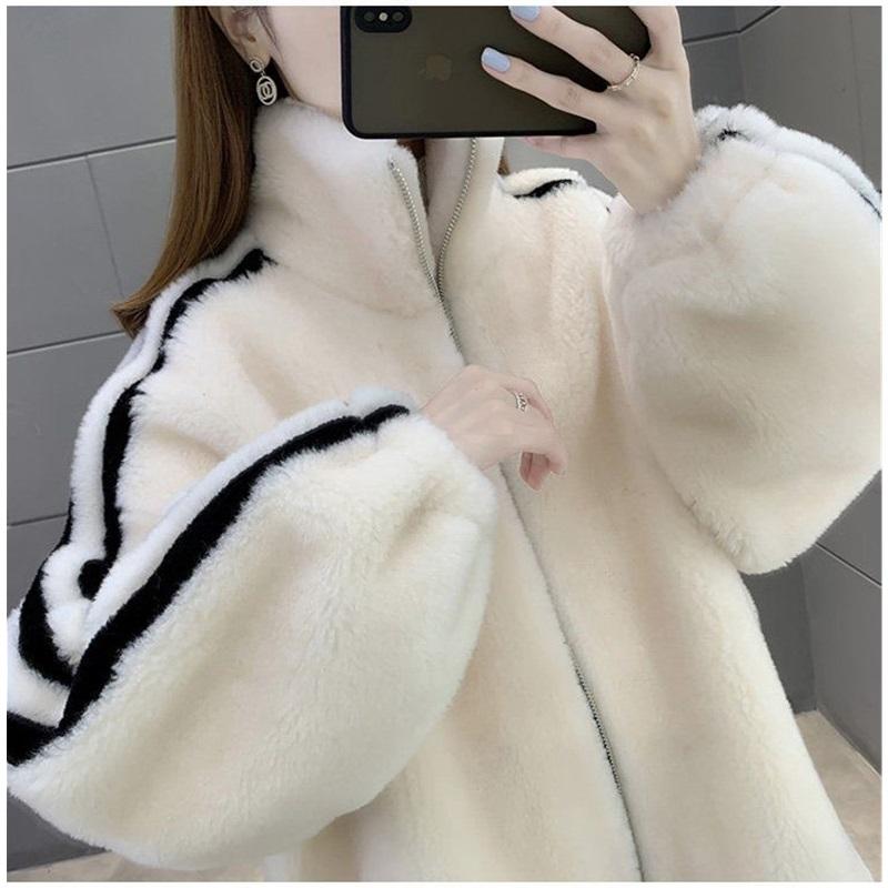 Gestreifter Fleece-Mantel Damen Stehkragen Reißverschluss Warm Plüsch Außenbekleidung