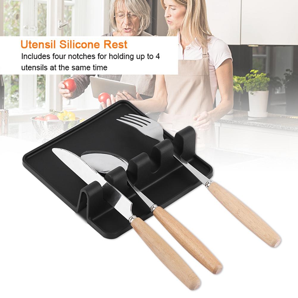 Food Grade Silicone Rack Spoon Spatula Utensils Rest Holder Organizer Kitchen Tool Black