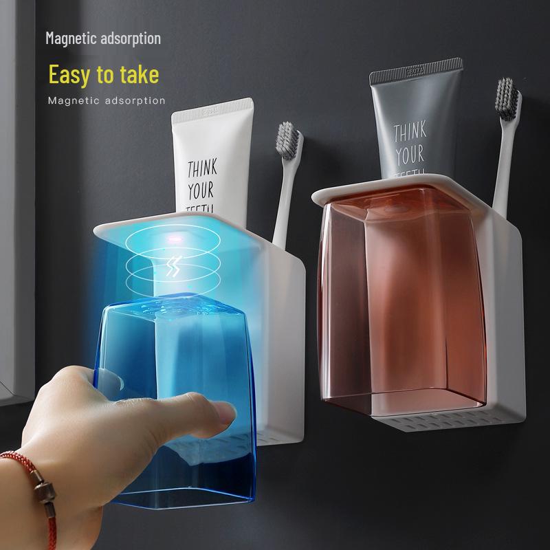 Magnetic Wall-Mounted Toothbrush and Mouthwash Cup Holder Set