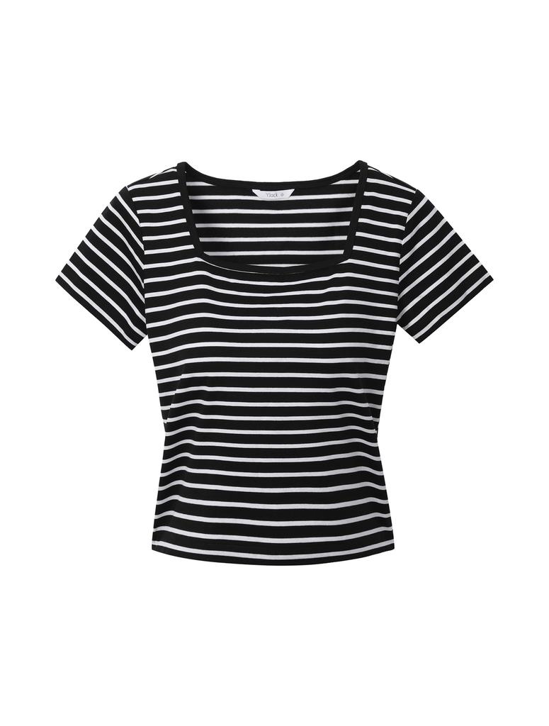 YJACK W_Stripe Square Neck Rib Binding Short Sleeve T-Shirt (180Gsm) Ljt1640S