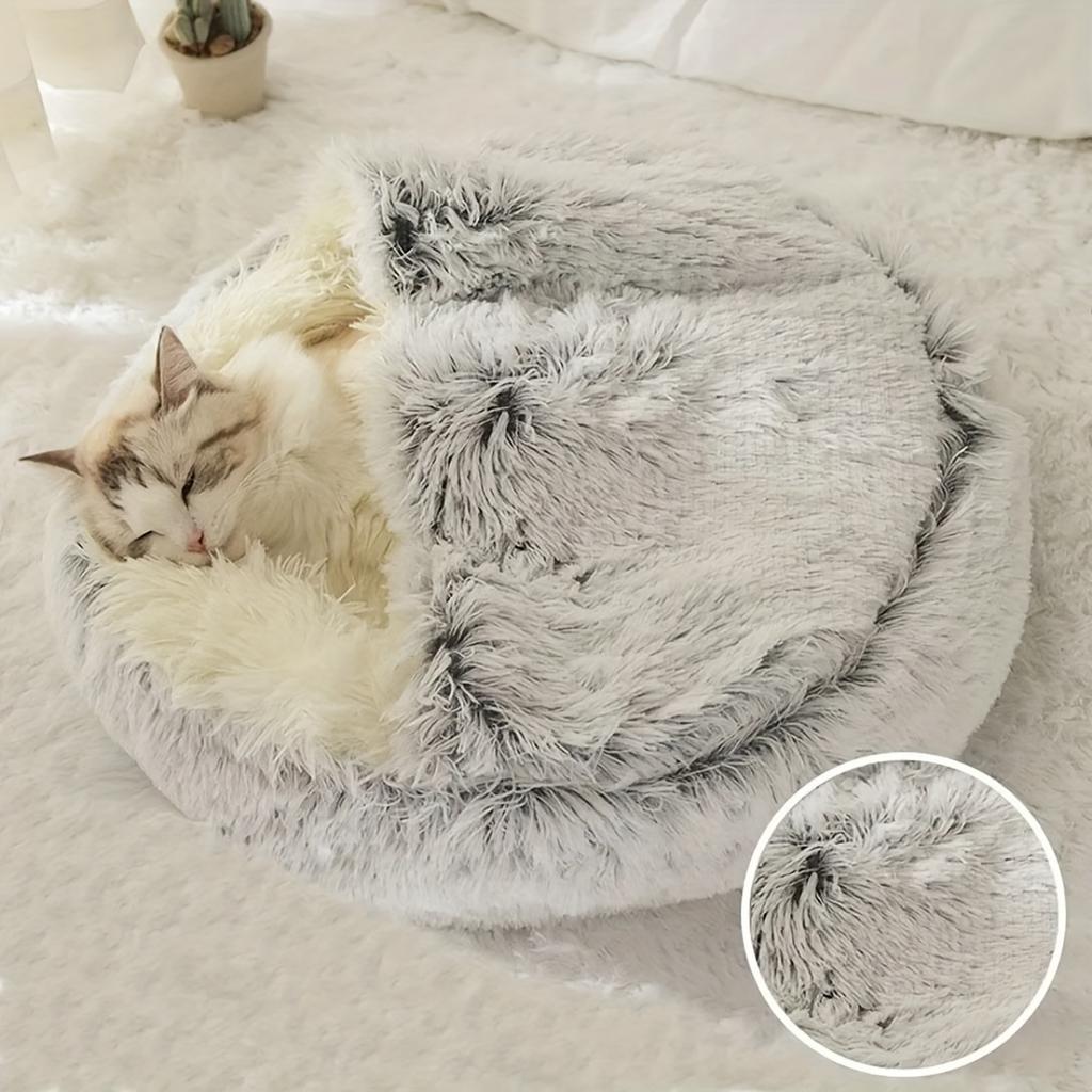 Fluffy Hooded round Cat Bed Anti-Anxiety Cave with Anti-Slip Bottom Machine Washable Pet Blanket Comfortable Soft Cat House