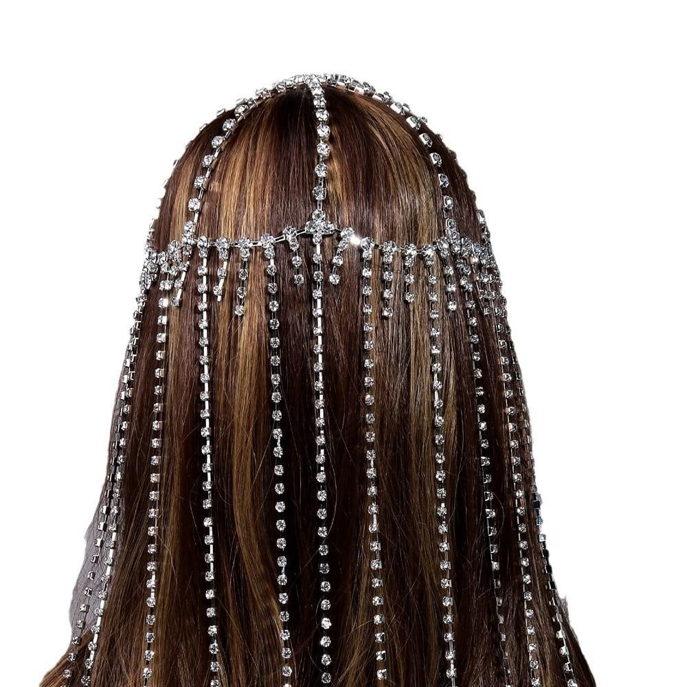 Flash Rhinestone Cap Headpiece Full Rhinestone Inlay Tassel Headband  Stage Performance