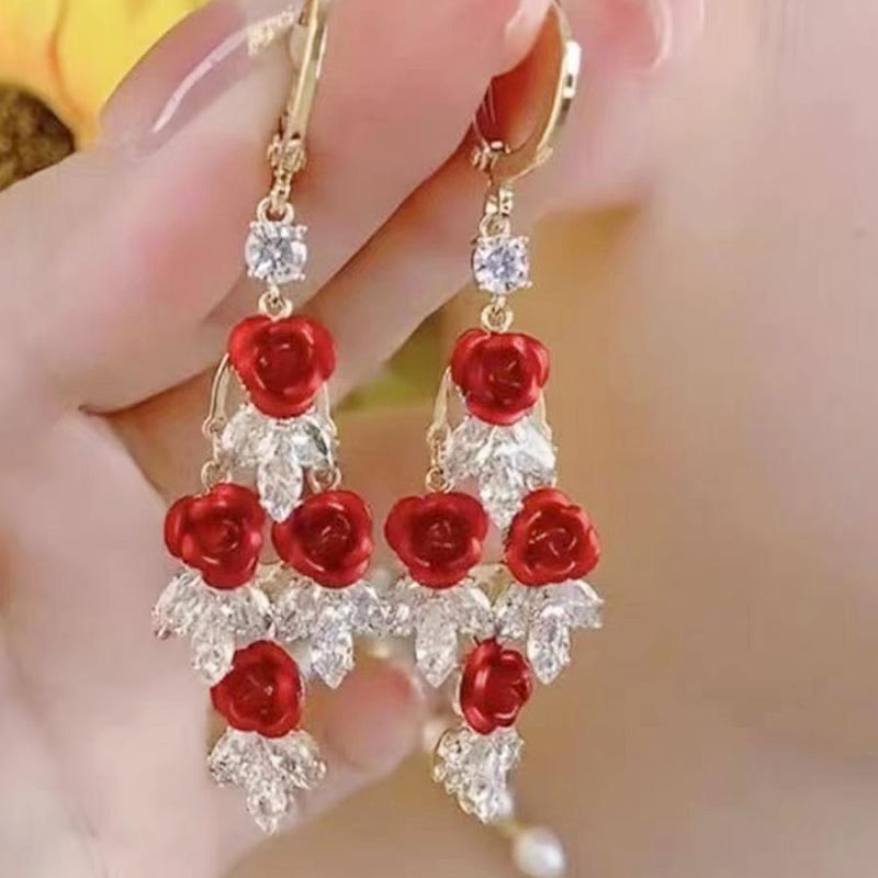 Elegant Red Rose Star Wave Earrings - High-End Light Luxury Long Studs for Women