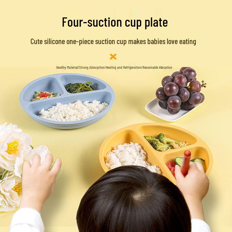Food-Grade Silicone Baby Plate with Suction, Anti-Fall & Spill Features, Divided Sections for Infant Feeding